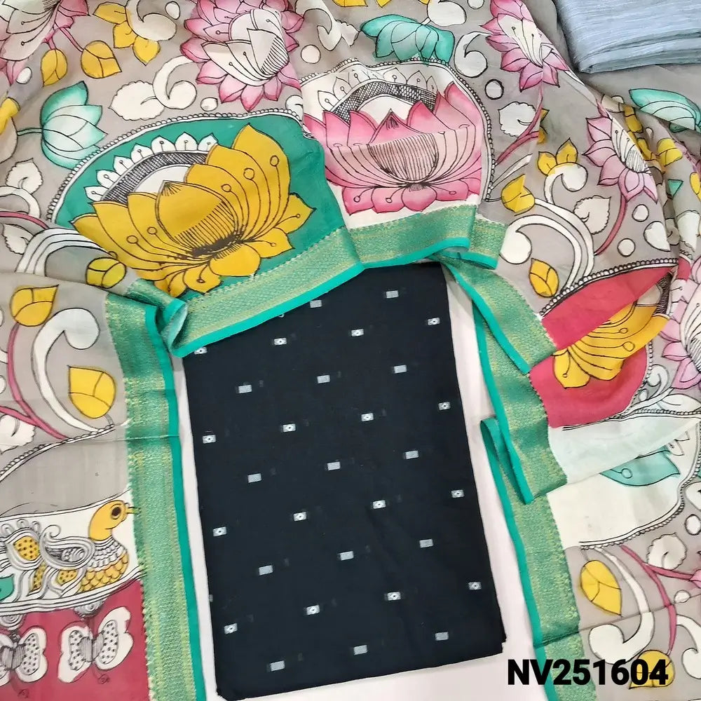 Black premium raw silk unstitched salwar material (textured, Lining Needed) thread woven buttas all over, silver grey silk cotton bottom, original pen kalamkari silk dupatta with zari borders. NV251604