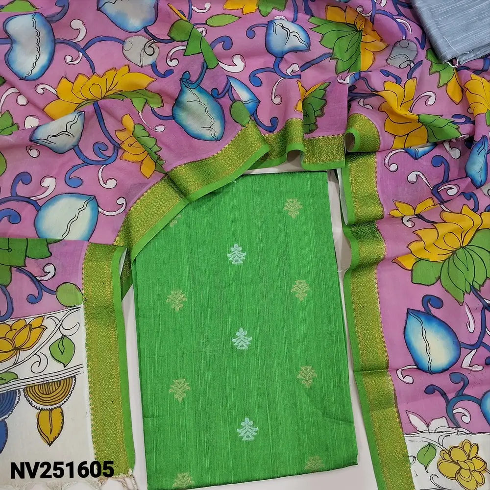 Parrot green premium raw silk unstitched salwar material (textured, Lining Needed) thread woven buttas all over, silver grey silk cotton bottom, original pen kalamkari silk dupatta with zari borders. NV251605