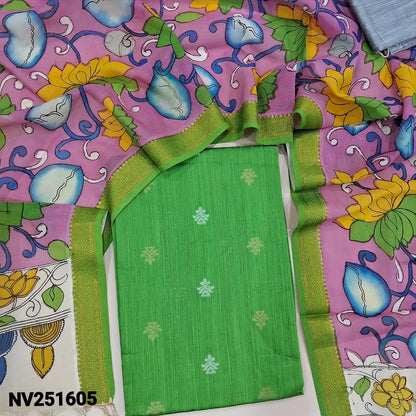 Parrot green premium raw silk unstitched salwar material (textured, Lining Needed) thread woven buttas all over, silver grey silk cotton bottom, original pen kalamkari silk dupatta with zari borders. NV251605