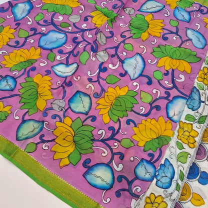 Parrot green premium raw silk unstitched salwar material (textured, Lining Needed) thread woven buttas all over, silver grey silk cotton bottom, original pen kalamkari silk dupatta with zari borders. NV251605