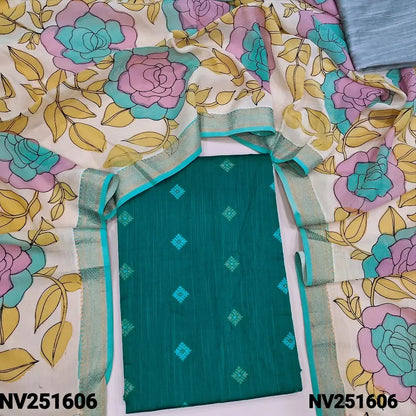 Teal blue premium raw silk unstitched salwar material (textured, Lining Needed) thread woven buttas all over, silver grey silk cotton bottom, original pen kalamkari silk dupatta with zari borders. NV251606