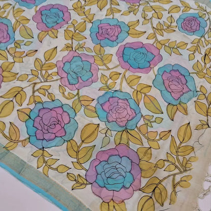 Teal blue premium raw silk unstitched salwar material (textured, Lining Needed) thread woven buttas all over, silver grey silk cotton bottom, original pen kalamkari silk dupatta with zari borders. NV251606