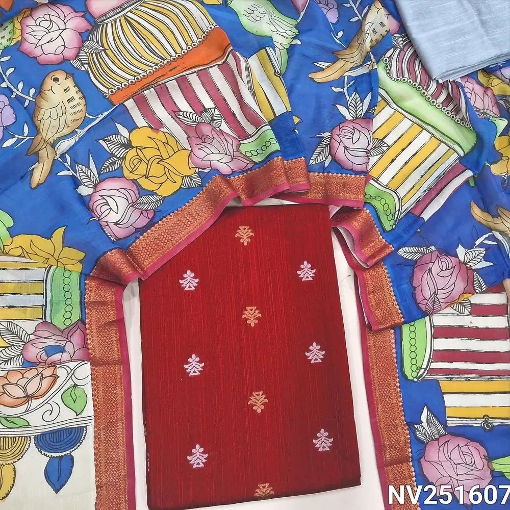 Bright reddish maroon premium raw silk unstitched salwar material (textured, Lining Needed) thread woven buttas all over, silver grey silk cotton bottom, original pen kalamkari silk dupatta with zari borders. NV251607