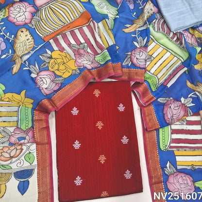 Bright reddish maroon premium raw silk unstitched salwar material (textured, Lining Needed) thread woven buttas all over, silver grey silk cotton bottom, original pen kalamkari silk dupatta with zari borders. NV251607