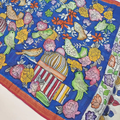 Bright reddish maroon premium raw silk unstitched salwar material (textured, Lining Needed) thread woven buttas all over, silver grey silk cotton bottom, original pen kalamkari silk dupatta with zari borders. NV251607