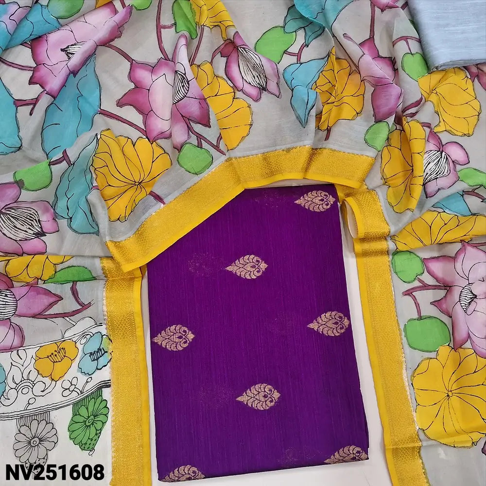Bright purple premium raw silk unstitched salwar material (textured, Lining Needed) thread woven buttas all over, silver grey silk cotton bottom, original pen kalamkari silk dupatta with zari borders. NV251608