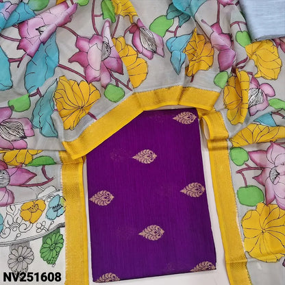 Bright purple premium raw silk unstitched salwar material (textured, Lining Needed) thread woven buttas all over, silver grey silk cotton bottom, original pen kalamkari silk dupatta with zari borders. NV251608