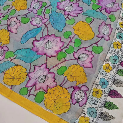 Bright purple premium raw silk unstitched salwar material (textured, Lining Needed) thread woven buttas all over, silver grey silk cotton bottom, original pen kalamkari silk dupatta with zari borders. NV251608