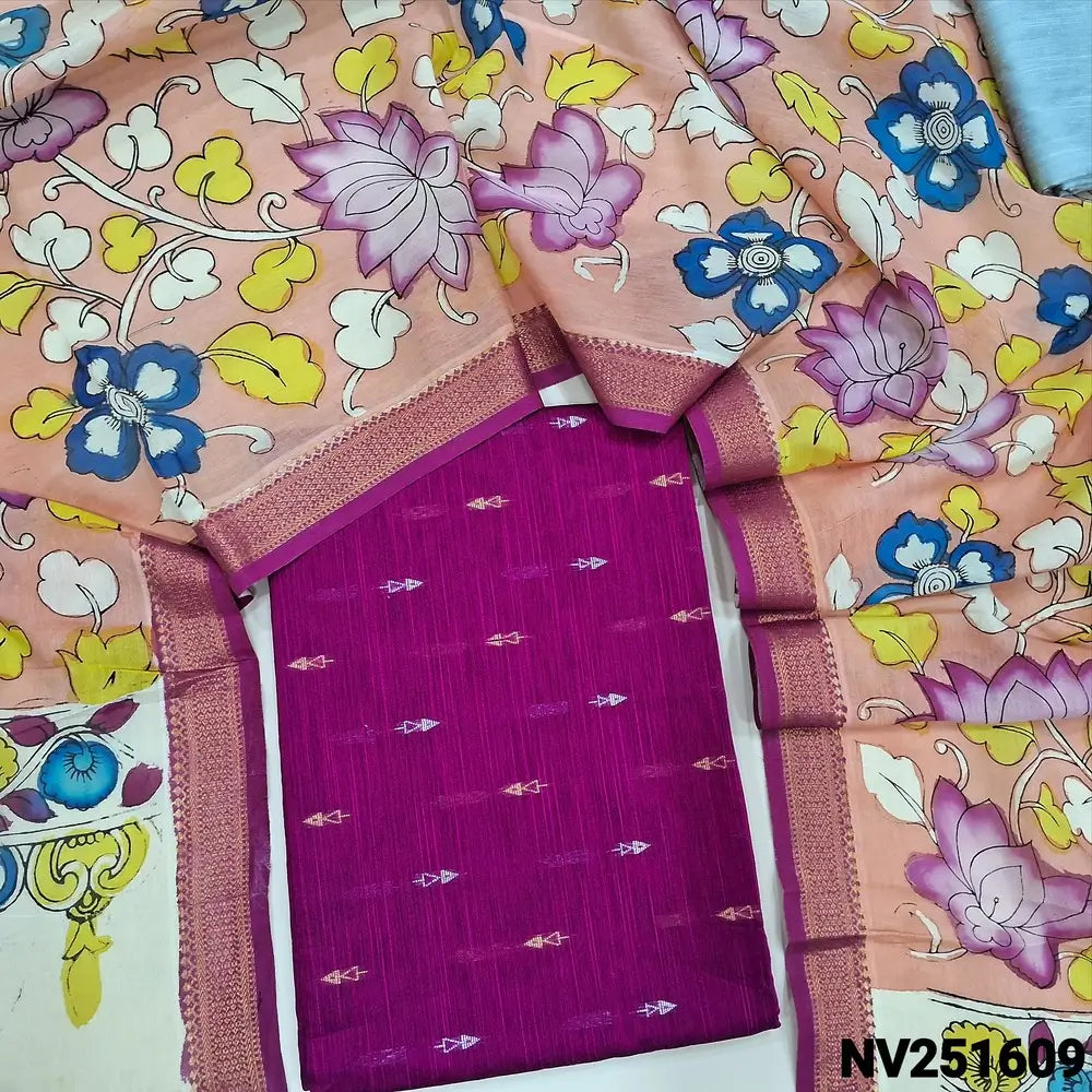 Rani pink premium raw silk unstitched salwar material (textured, Lining Needed) thread woven buttas all over, silver grey silk cotton bottom, original pen kalamkari silk dupatta with zari borders. NV251609