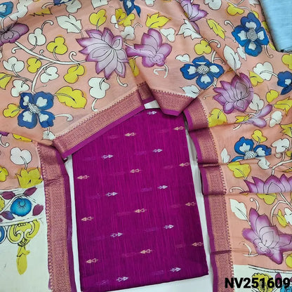 Rani pink premium raw silk unstitched salwar material (textured, Lining Needed) thread woven buttas all over, silver grey silk cotton bottom, original pen kalamkari silk dupatta with zari borders. NV251609