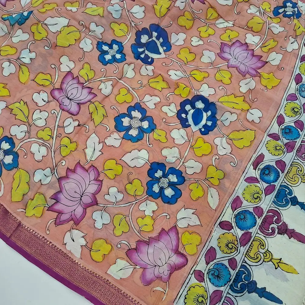 Rani pink premium raw silk unstitched salwar material (textured, Lining Needed) thread woven buttas all over, silver grey silk cotton bottom, original pen kalamkari silk dupatta with zari borders. NV251609