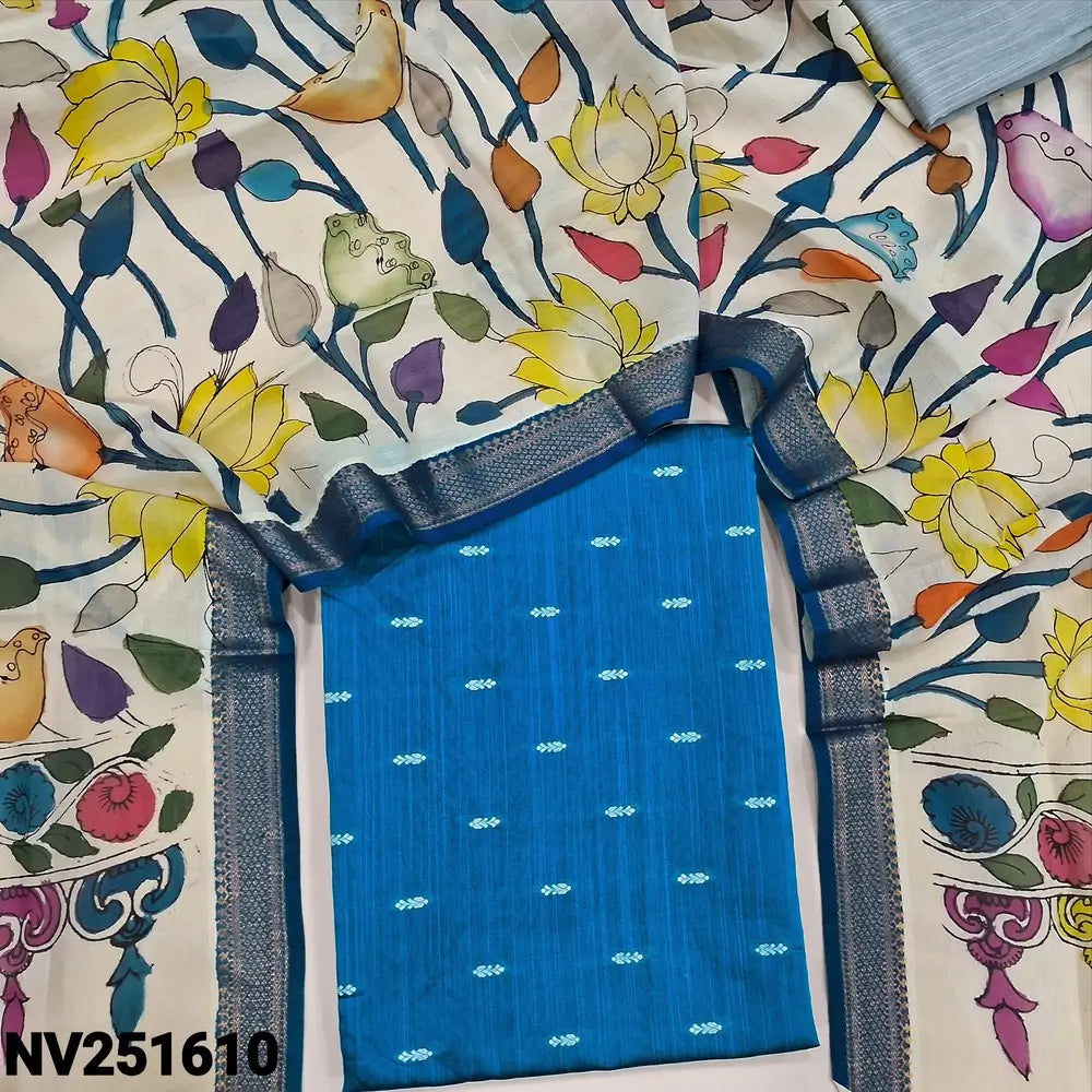 Bright turquoise blue premium raw silk unstitched salwar material (textured, Lining Needed) thread woven buttas all over, silver grey silk cotton bottom, original pen kalamkari silk dupatta with zari borders. NV251610