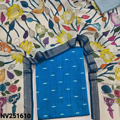 Bright turquoise blue premium raw silk unstitched salwar material (textured, Lining Needed) thread woven buttas all over, silver grey silk cotton bottom, original pen kalamkari silk dupatta with zari borders. NV251610