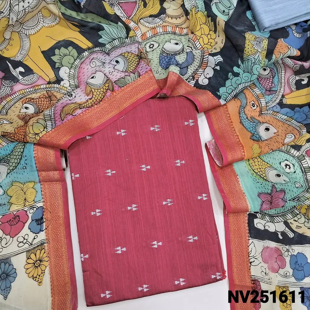 Peachish pink premium raw silk unstitched salwar material (textured, Lining Needed) thread woven buttas all over, silver grey silk cotton bottom, original pen kalamkari silk dupatta with zari borders. NV251611