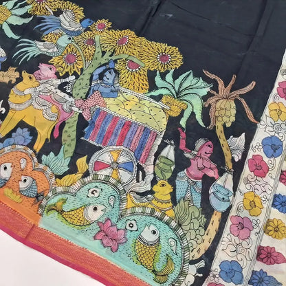 Peachish pink premium raw silk unstitched salwar material (textured, Lining Needed) thread woven buttas all over, silver grey silk cotton bottom, original pen kalamkari silk dupatta with zari borders. NV251611