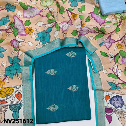 Turquoise blue premium raw silk unstitched salwar material (textured, Lining Needed) thread woven buttas all over, silver grey silk cotton bottom, original pen kalamkari silk dupatta with zari borders. NV251612