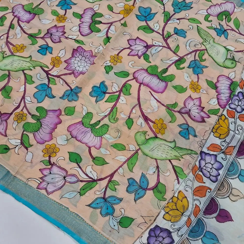 Turquoise blue premium raw silk unstitched salwar material (textured, Lining Needed) thread woven buttas all over, silver grey silk cotton bottom, original pen kalamkari silk dupatta with zari borders. NV251612