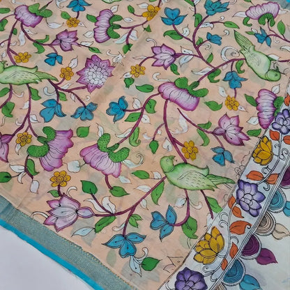 Turquoise blue premium raw silk unstitched salwar material (textured, Lining Needed) thread woven buttas all over, silver grey silk cotton bottom, original pen kalamkari silk dupatta with zari borders. NV251612