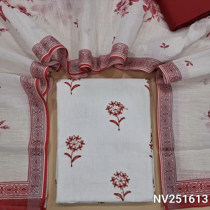 White semi linen unstitched salwar material (textured,lining needed)thread embroidery on front, red silk cotton botttom, digital floral printed semi linen dupatta. NV251613