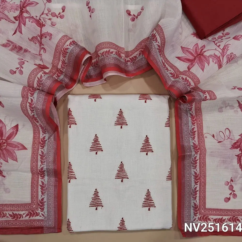 White semi linen unstitched salwar material (textured,lining needed)thread embroidery on front, red silk cotton botttom, digital floral printed semi linen dupatta. NV251614