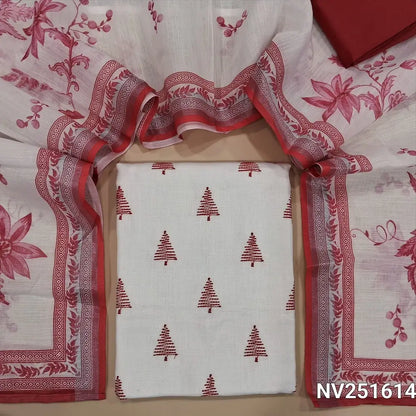 White semi linen unstitched salwar material (textured,lining needed)thread embroidery on front, red silk cotton botttom, digital floral printed semi linen dupatta. NV251614