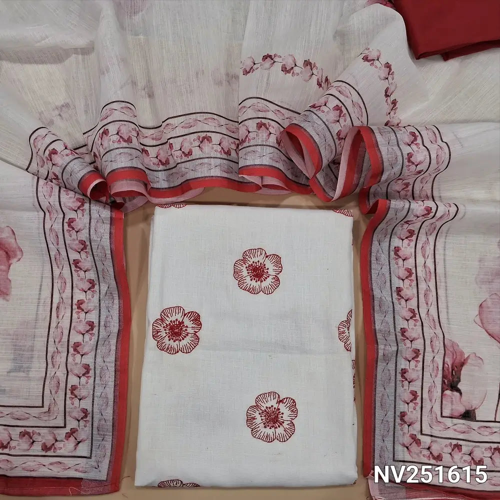 White semi linen unstitched salwar material (textured,lining needed)thread embroidery on front, red silk cotton botttom, digital floral printed semi linen dupatta. NV251615