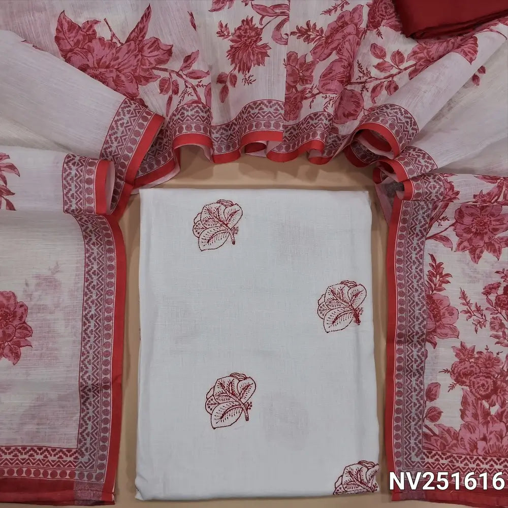 White semi linen unstitched salwar material (textured,lining needed)thread embroidery on front, red silk cotton botttom, digital floral printed semi linen dupatta. NV251616