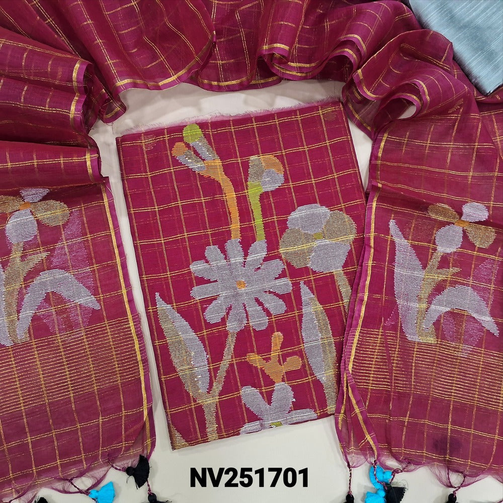 Dark pink Muslin jamdani unstitched salwar material, zari checks all over with thread weaving on daman(thin, lining needed)silver grey silk cotton bottom, muslin jamdani full length dupatta with tissue pallu & handmade tassels.  NV251701