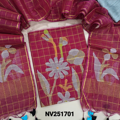 Dark pink Muslin jamdani unstitched salwar material, zari checks all over with thread weaving on daman(thin, lining needed)silver grey silk cotton bottom, muslin jamdani full length dupatta with tissue pallu & handmade tassels.  NV251701