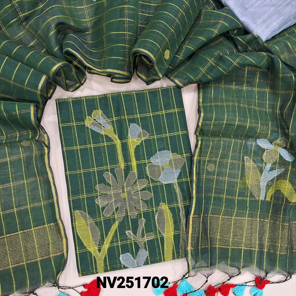 Bottle green Muslin jamdani unstitched salwar material, zari checks all over with thread weaving on daman(thin, lining needed)silver grey silk cotton bottom, muslin jamdani full length dupatta with tissue pallu & handmade tassels.  NV251702