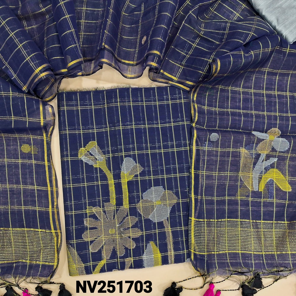 Dark blue Muslin jamdani unstitched salwar material, zari checks all over with thread weaving on daman(thin, lining needed)silver grey silk cotton bottom, muslin jamdani full length dupatta with tissue pallu & handmade tassels.  NV251703