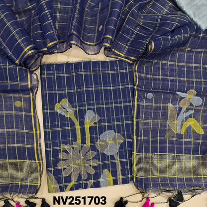 Dark blue Muslin jamdani unstitched salwar material, zari checks all over with thread weaving on daman(thin, lining needed)silver grey silk cotton bottom, muslin jamdani full length dupatta with tissue pallu & handmade tassels.  NV251703