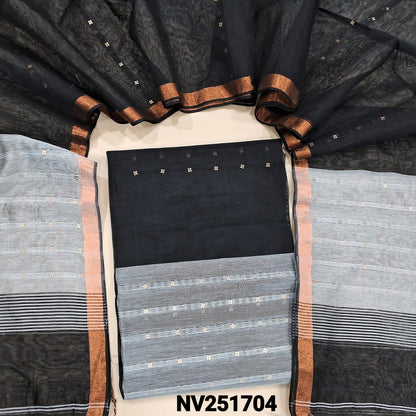 Black with Grey Muslin jamdani handwoven unstitched salwar material, sequins woven along with fabric all over (Thin, Lining Needed) Muslin jamdani handwoven dupatta. NV251704