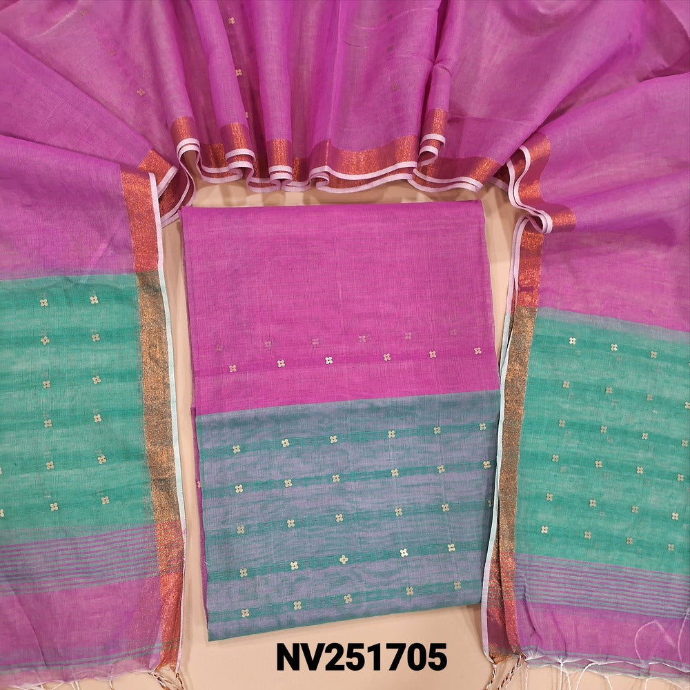 Pink with Pastel blue Muslin jamdani handwoven unstitched salwar material, sequins woven along with fabric all over (Thin, Lining Needed) Muslin jamdani handwoven dupatta. NV251705