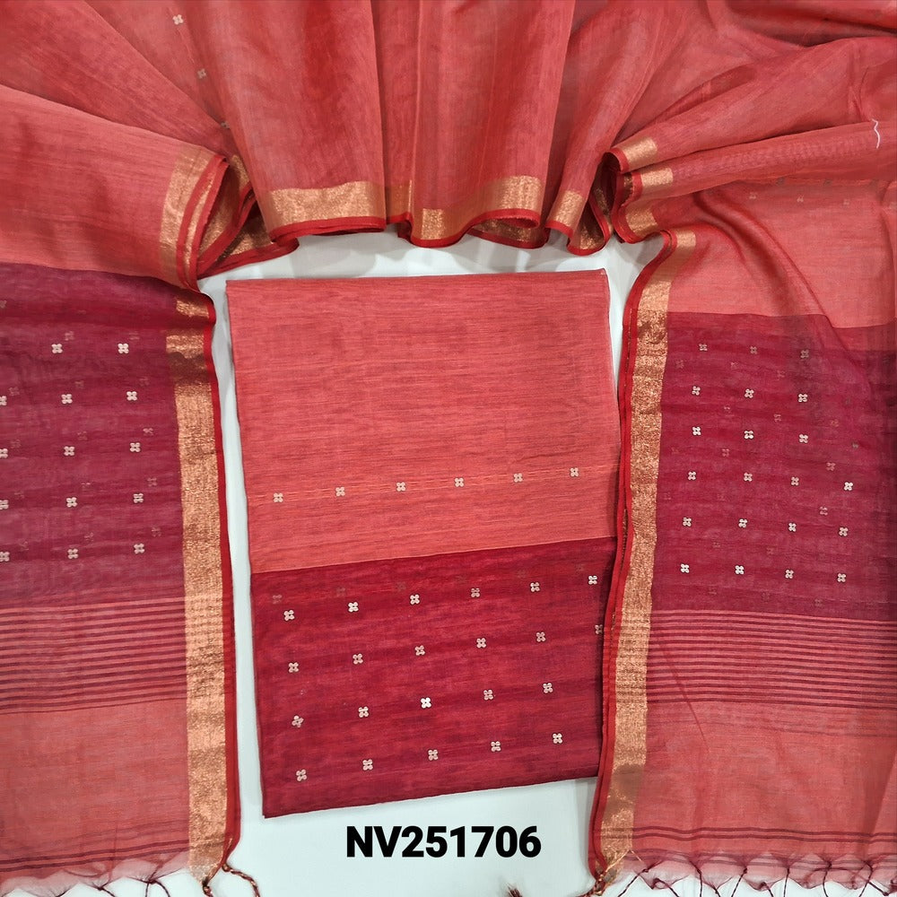 Dark peachish pink with reddish maroon Muslin jamdani handwoven unstitched salwar material, sequins woven along with fabric all over (Thin, Lining Needed) Muslin jamdani handwoven dupatta. NV251706
