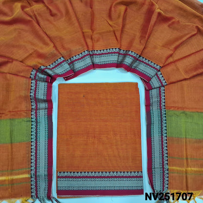 Orange dual shaded mercerised handloom cotton unstitched salwar material, 4.5 metres, thread woven borders (Thin, Lining Needed) Full length dupatta with doule side borders. NV251707