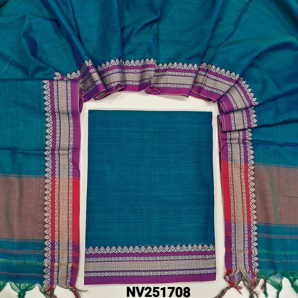 Peacock blue dual shaded mercerised handloom cotton unstitched salwar material, 4.5 metres, thread woven borders (Thin, Lining Needed) Full length dupatta with doule side borders. NV251708
