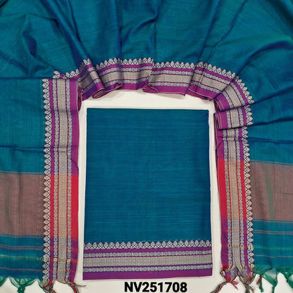 Peacock blue dual shaded mercerised handloom cotton unstitched salwar material, 4.5 metres, thread woven borders (Thin, Lining Needed) Full length dupatta with doule side borders. NV251708