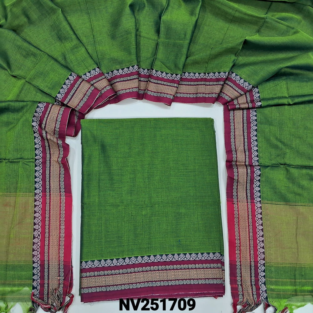 Leafy green dual shaded mercerised handloom cotton unstitched salwar material, 4.5 metres, thread woven borders (Thin, Lining Needed) Full length dupatta with doule side borders. NV251709