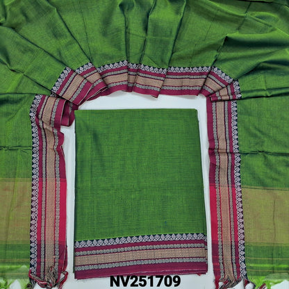 Leafy green dual shaded mercerised handloom cotton unstitched salwar material, 4.5 metres, thread woven borders (Thin, Lining Needed) Full length dupatta with doule side borders. NV251709