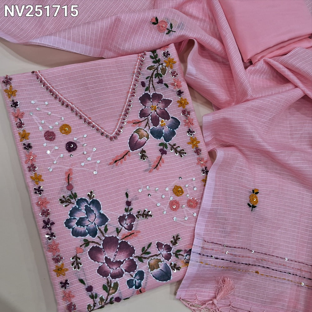 Baby Pink designer premium kota silk cotton unstitched salwar material, embroidery and applique work on yoke (Lining Needed) silky bottom, hand embroidered dupatta. NV251715