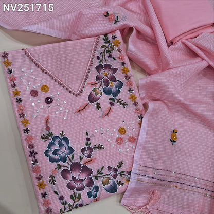 Baby Pink designer premium kota silk cotton unstitched salwar material, embroidery and applique work on yoke (Lining Needed) silky bottom, hand embroidered dupatta. NV251715