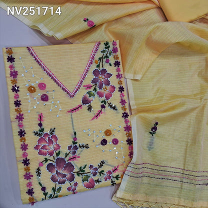 Pastel Yellow designer premium kota silk cotton unstitched salwar material, embroidery and applique work on yoke (Lining Needed) silky bottom, hand embroidered dupatta. NV251714