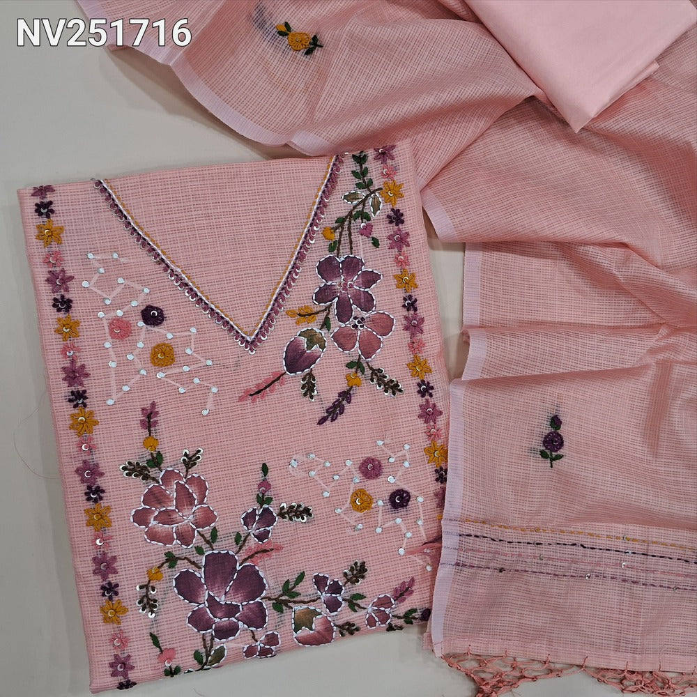 Pastel Peach designer premium kota silk cotton unstitched salwar material, embroidery and applique work on yoke (Lining Needed) silky bottom, hand embroidered dupatta. NV251716