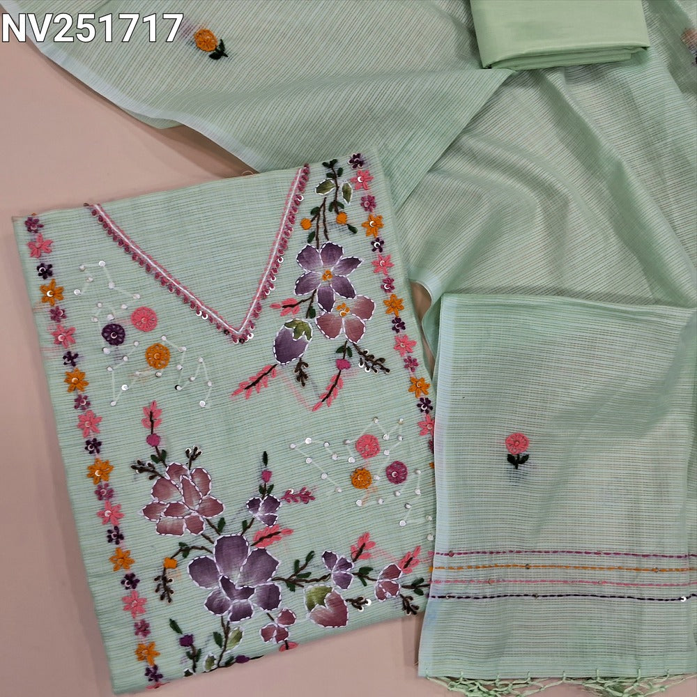 Pastel green designer premium kota silk cotton unstitched salwar material, embroidery and applique work on yoke (Lining Needed) silky bottom, hand embroidered dupatta. NV251717