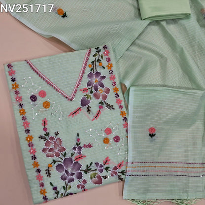 Pastel green designer premium kota silk cotton unstitched salwar material, embroidery and applique work on yoke (Lining Needed) silky bottom, hand embroidered dupatta. NV251717
