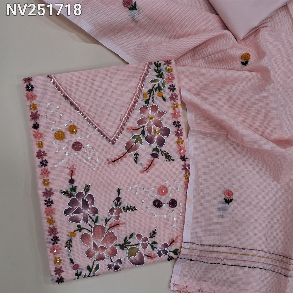 Pale pink designer premium kota silk cotton unstitched salwar material, embroidery and applique work on yoke (Lining Needed) silky bottom, hand embroidered dupatta. NV251718