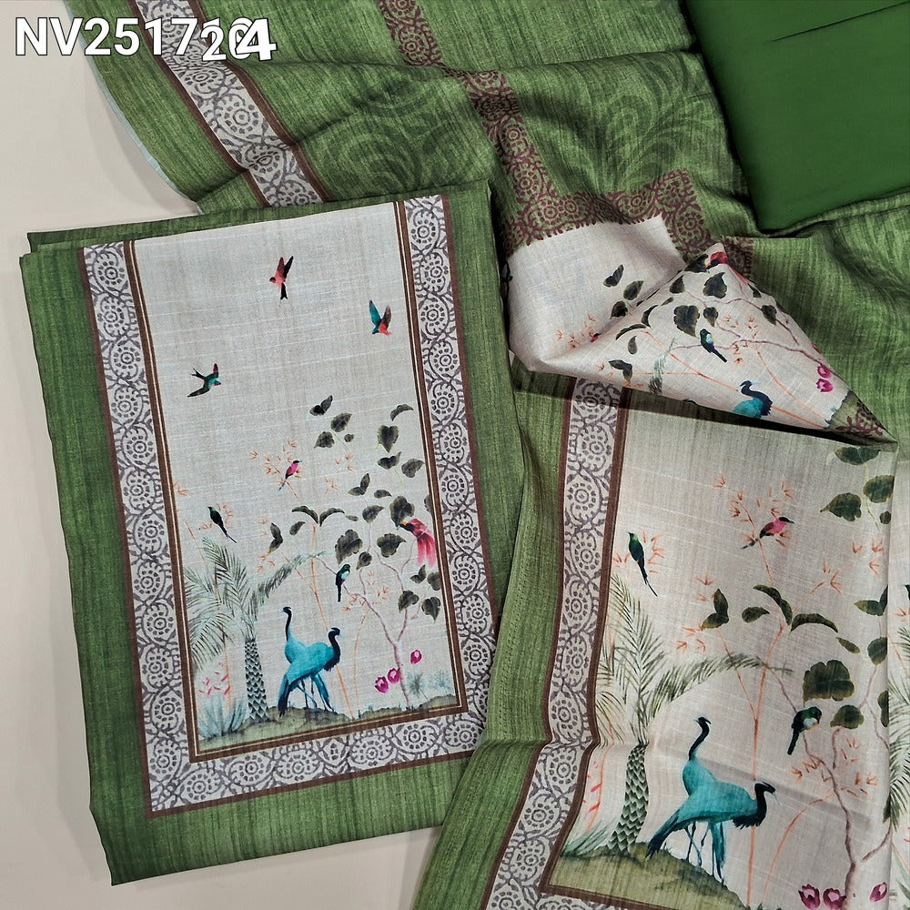 Leafy Green Digital printed silk cotton unstitched salwar material, printed yoke (Lightweight, Lining Needed) Matching spun cotton bottom, digital printed silk cotton dupatta. NV251724