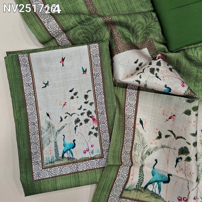 Leafy Green Digital printed silk cotton unstitched salwar material, printed yoke (Lightweight, Lining Needed) Matching spun cotton bottom, digital printed silk cotton dupatta. NV251724