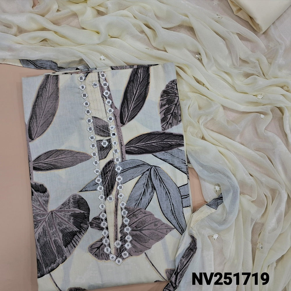 Half white digital printed premium satin cotton unstitched salwar material, real mirror detailing on yoke (Lining Needed) Matching spun cotton bottom, fancy chiffon dupatta with thread, sequins work and printed tapings. NV251719